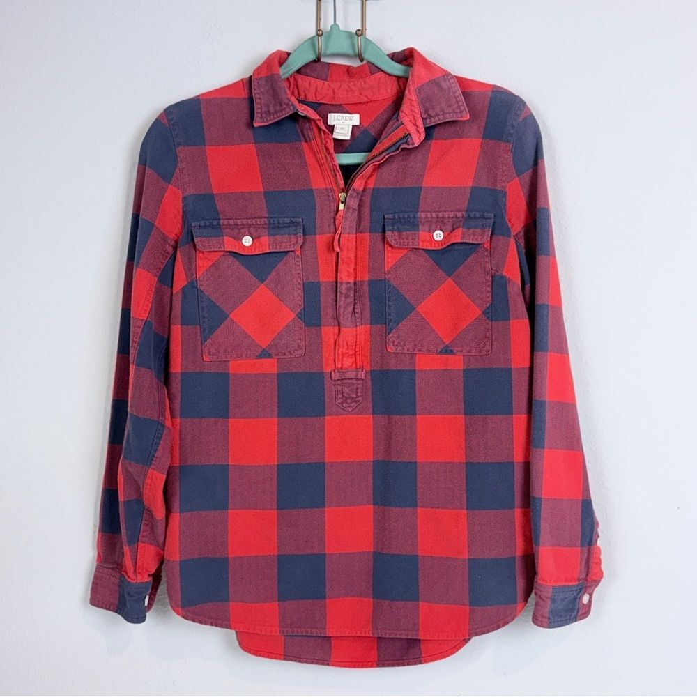 J. Crew Factory Red & Blue Buffalo Plaid Half-Zip Blouse XS